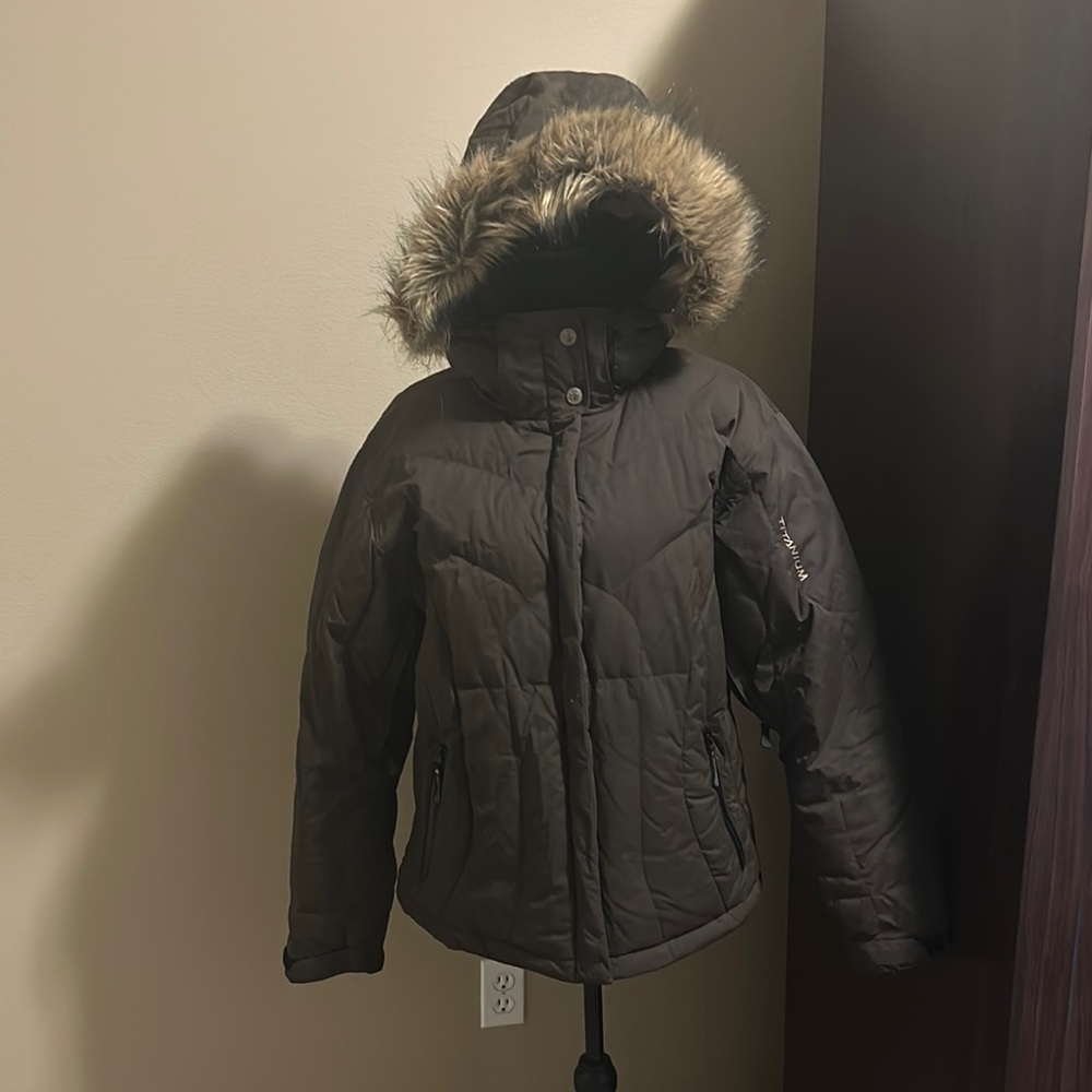 Dark Brown Columbia Titanium 550 Waterproof Down Jacket w/ Faux Fur Hood - Picture 1 of 7